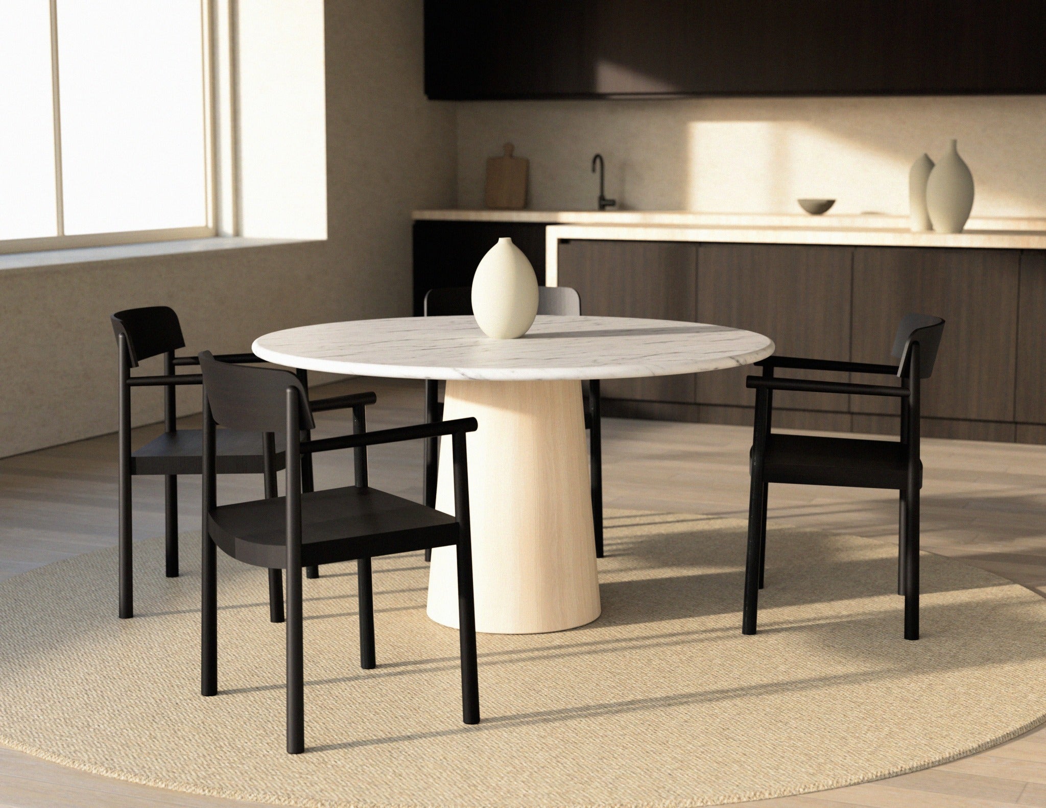 FLOW round dining table - Bianco Carrara white marble (Oak cylinder)