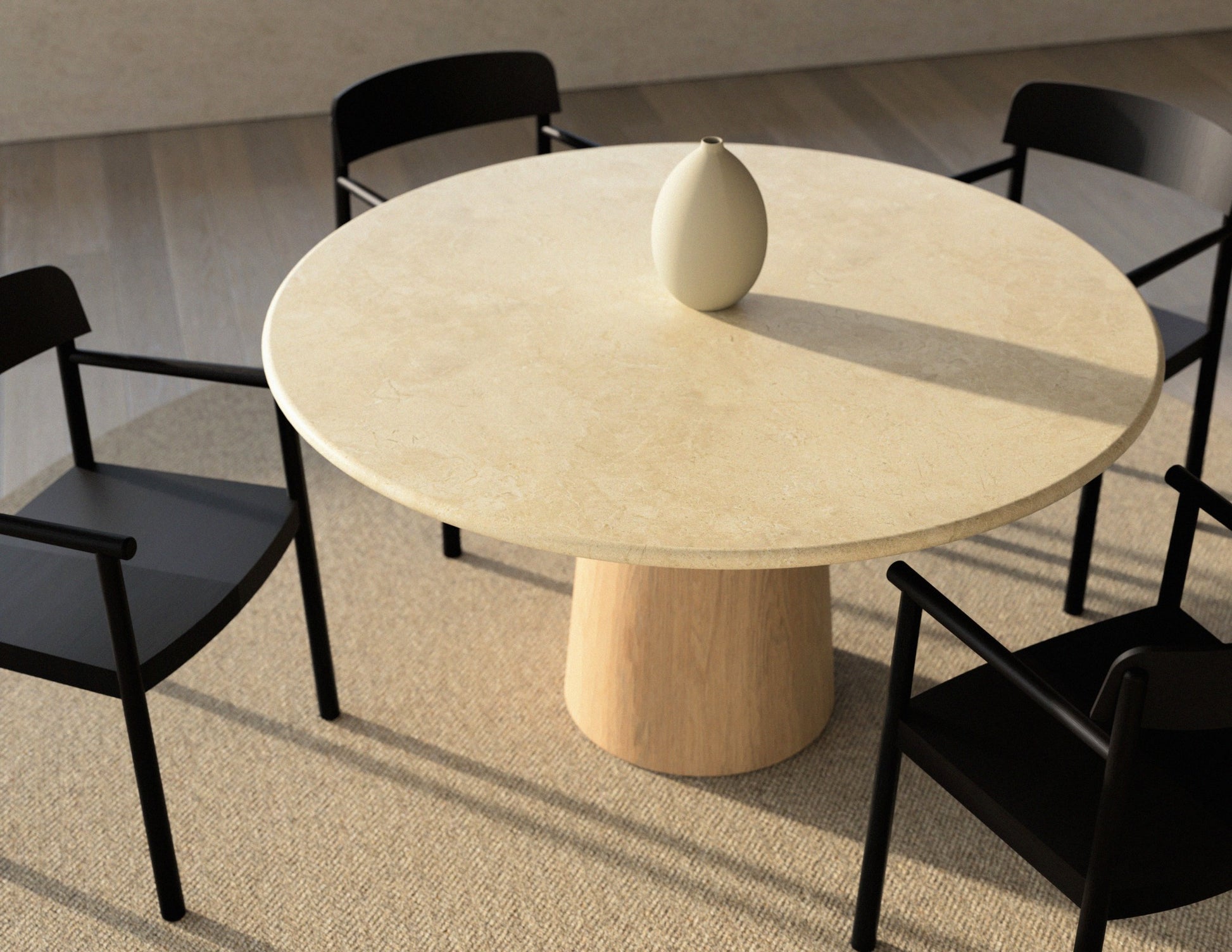 FLOW round dining table - Crema Marfil beige marble (Oak cylinder)