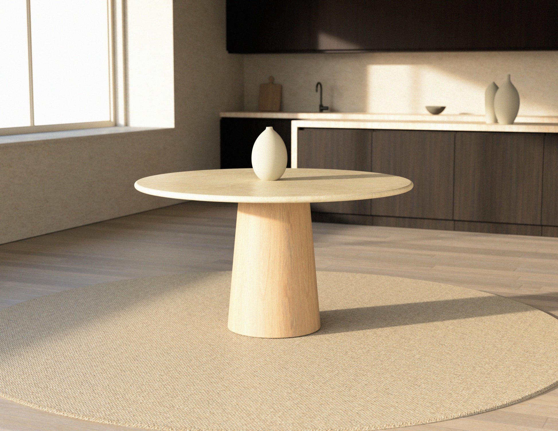 FLOW round dining table - Crema Marfil beige marble (Oak cylinder)