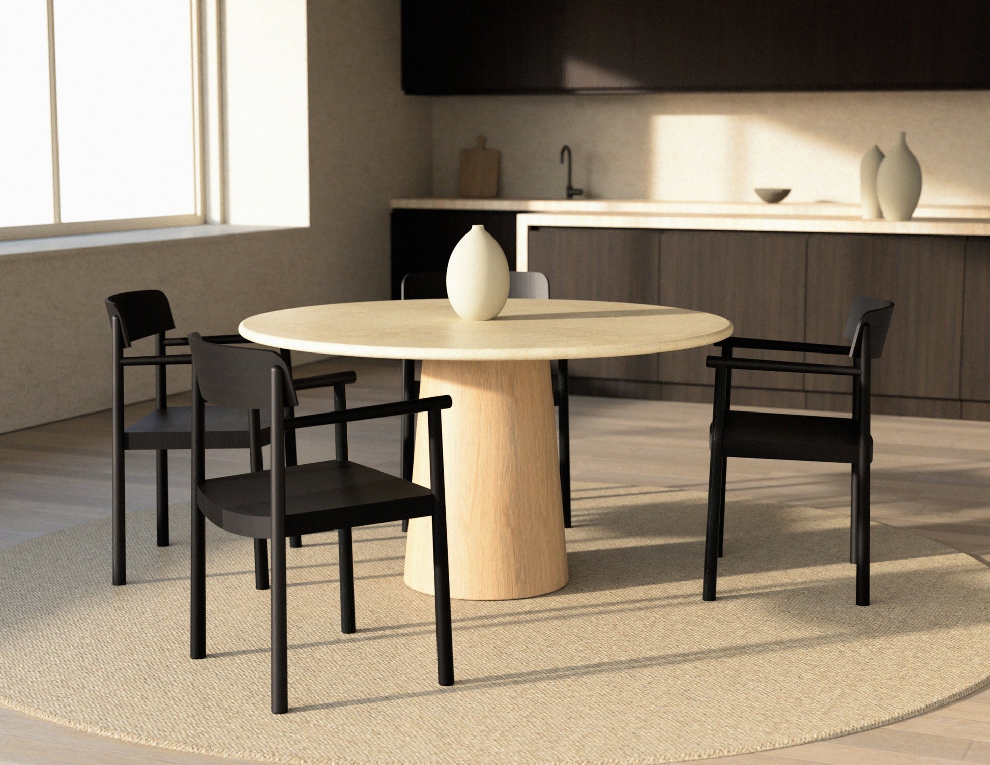 FLOW round dining table - Crema Marfil beige marble (Oak cylinder)