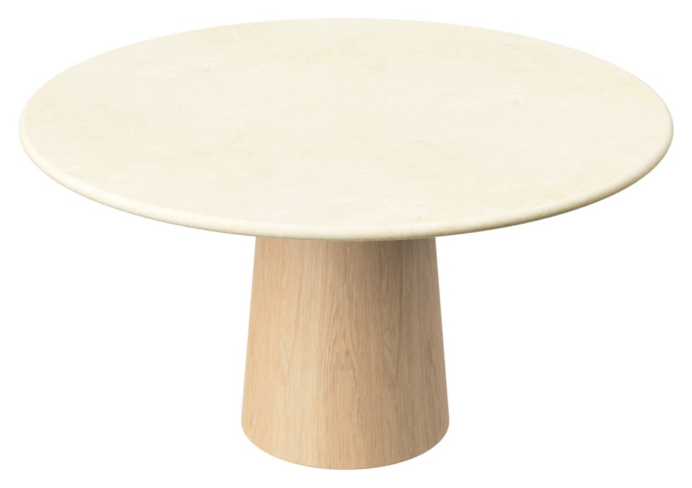 FLOW round dining table - Crema Marfil beige marble (Oak cylinder)