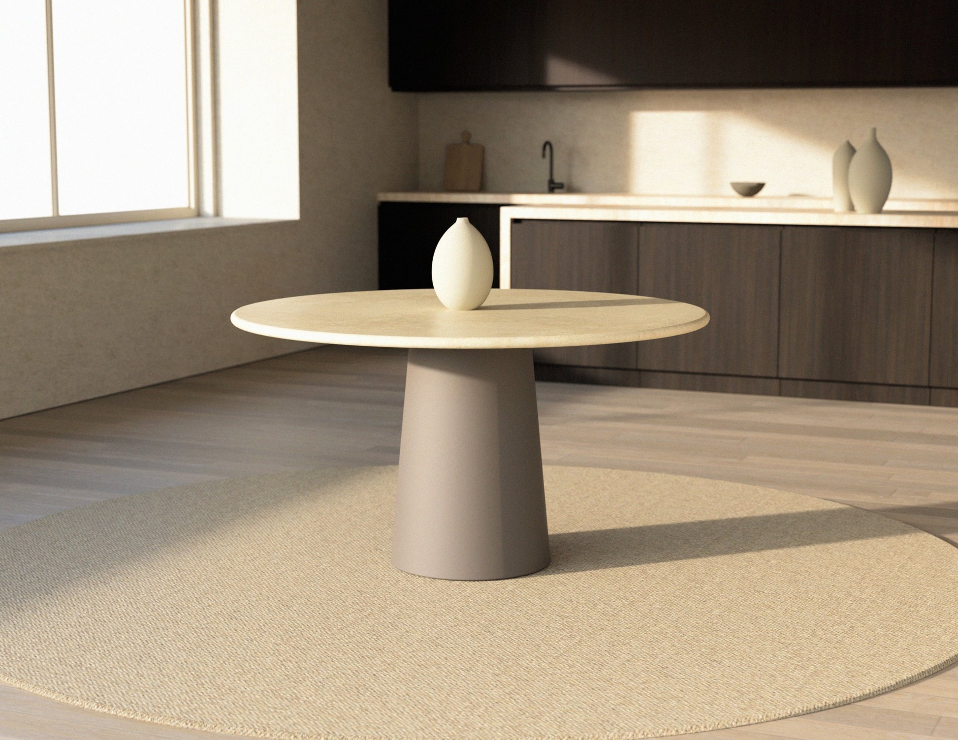 FLOW round dining table - Crema Marfil beige marble (Taupe cylinder)