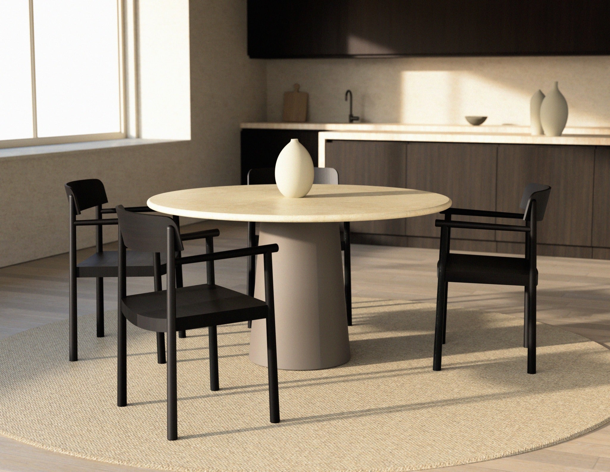 FLOW round dining table - Crema Marfil beige marble (Taupe cylinder)