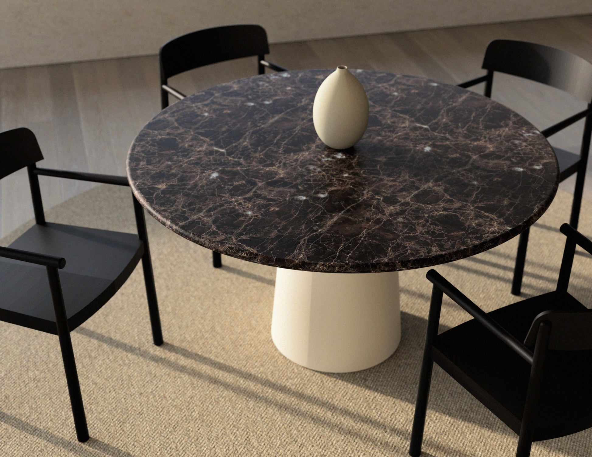 FLOW round dining table - Dark Emperador brown marble (Beige cylinder)