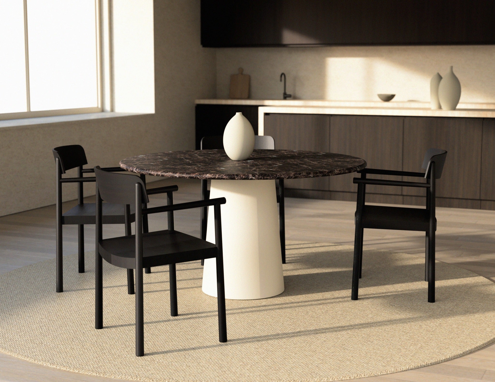 FLOW round dining table - Dark Emperador brown marble (Beige cylinder)