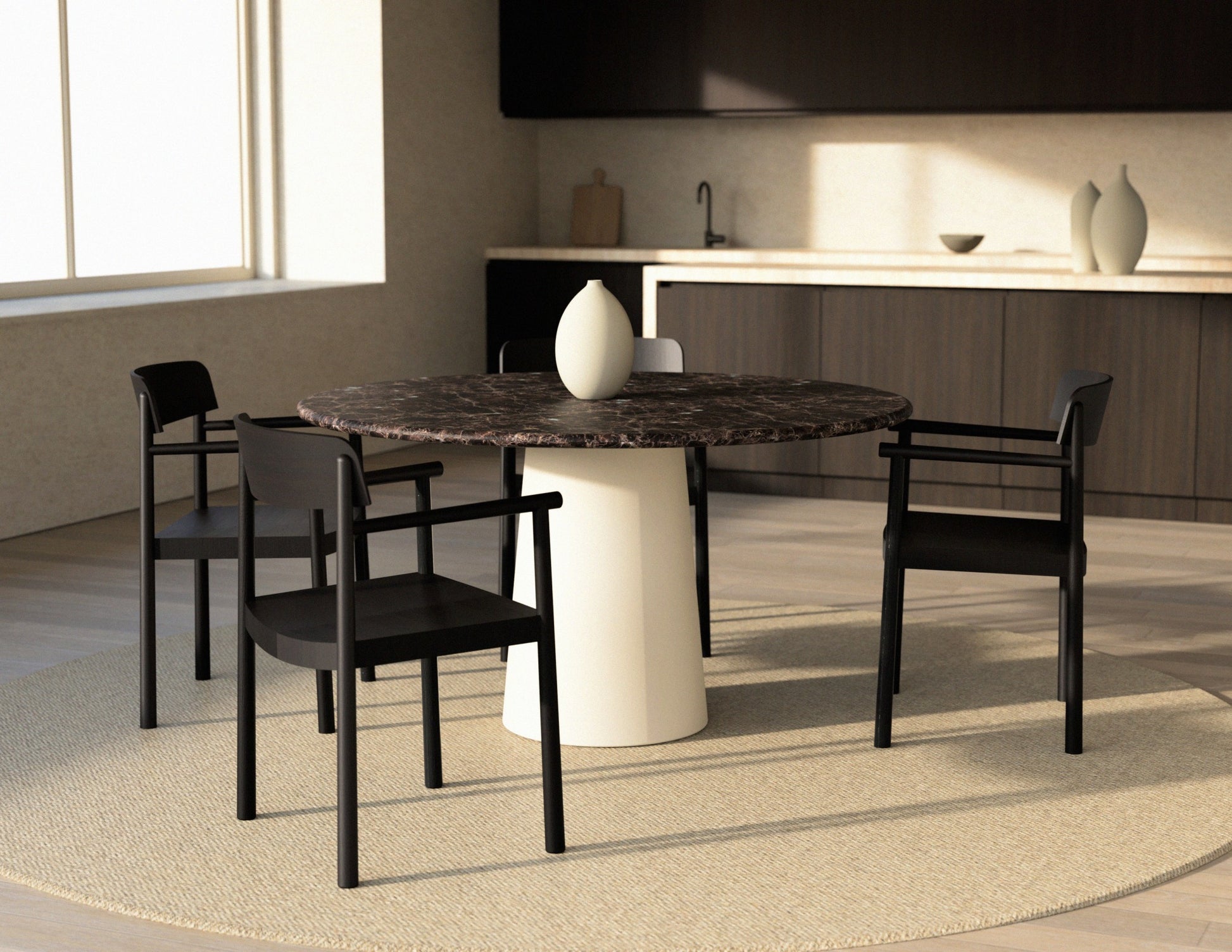 FLOW round dining table - Dark Emperador brown marble (Beige cylinder)