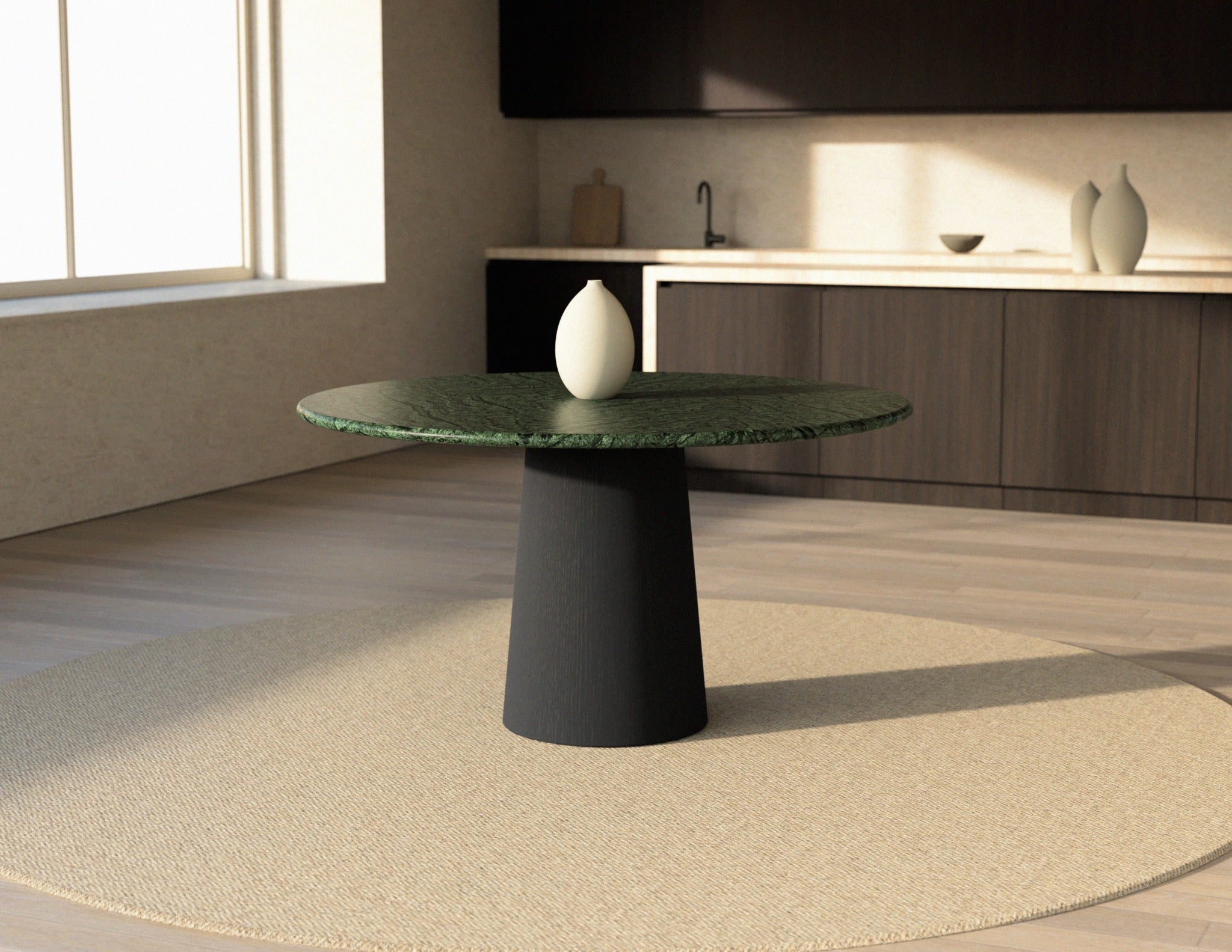FLOW round dining table - India Green marble (Oak cylinder)