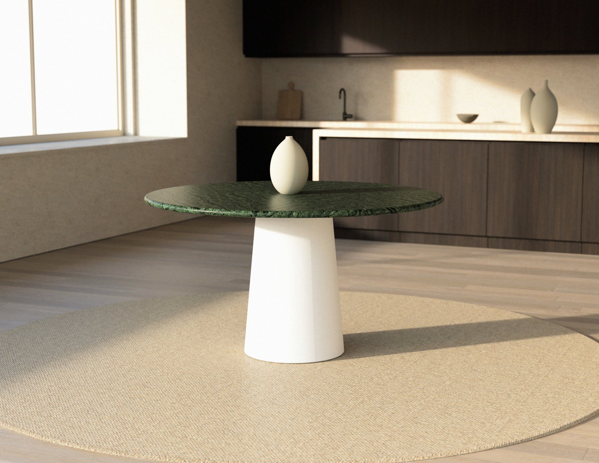 FLOW round dining table - India Green marble (White cylinder)