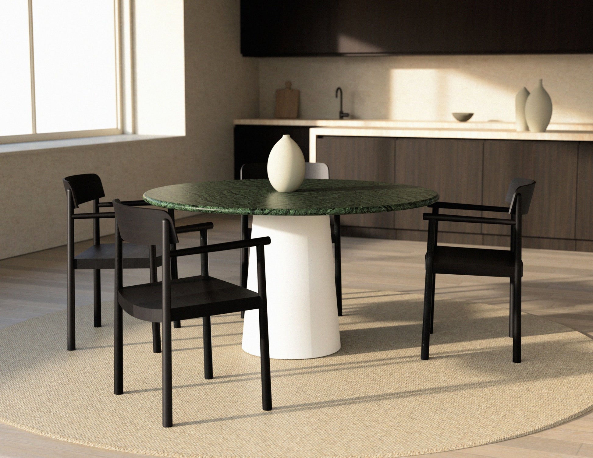 FLOW round dining table - India Green marble (White cylinder)