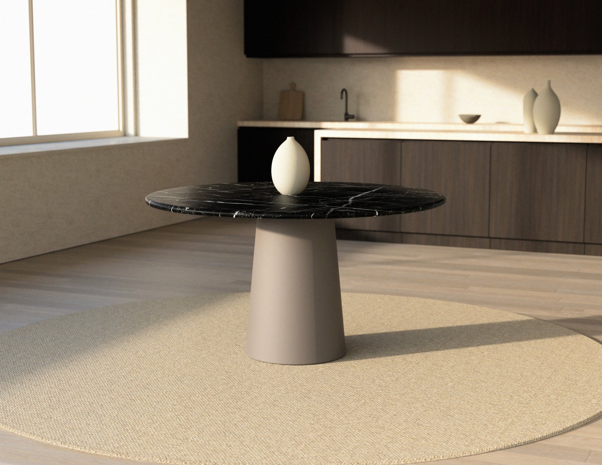 FLOW round dining table - Nero Marquina black marble (Taupe cylinder)