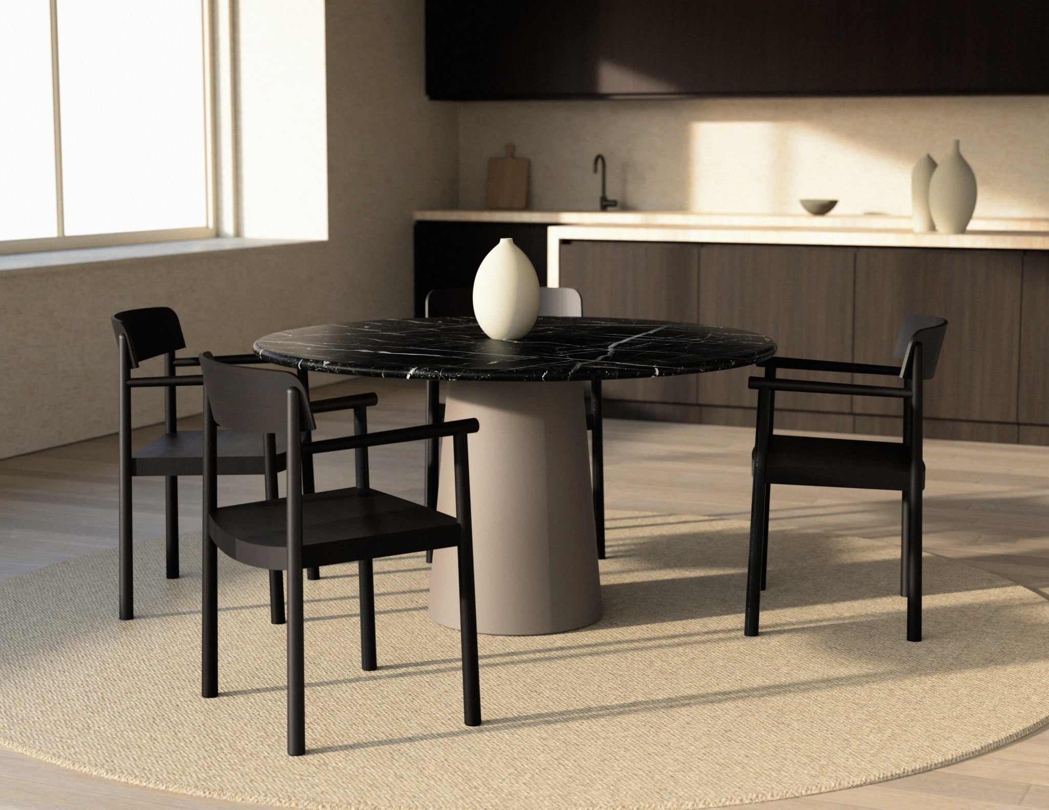 FLOW round dining table - Nero Marquina black marble (Taupe cylinder)