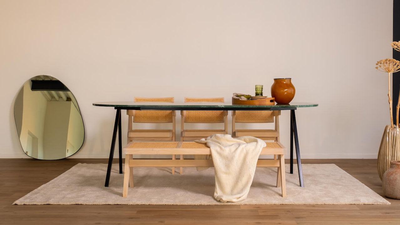 Half Oval Marble Dining Table – India Green (V-frame)