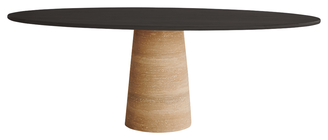 FLOW dining table oval – Charcoal oak (travertin cilinder)