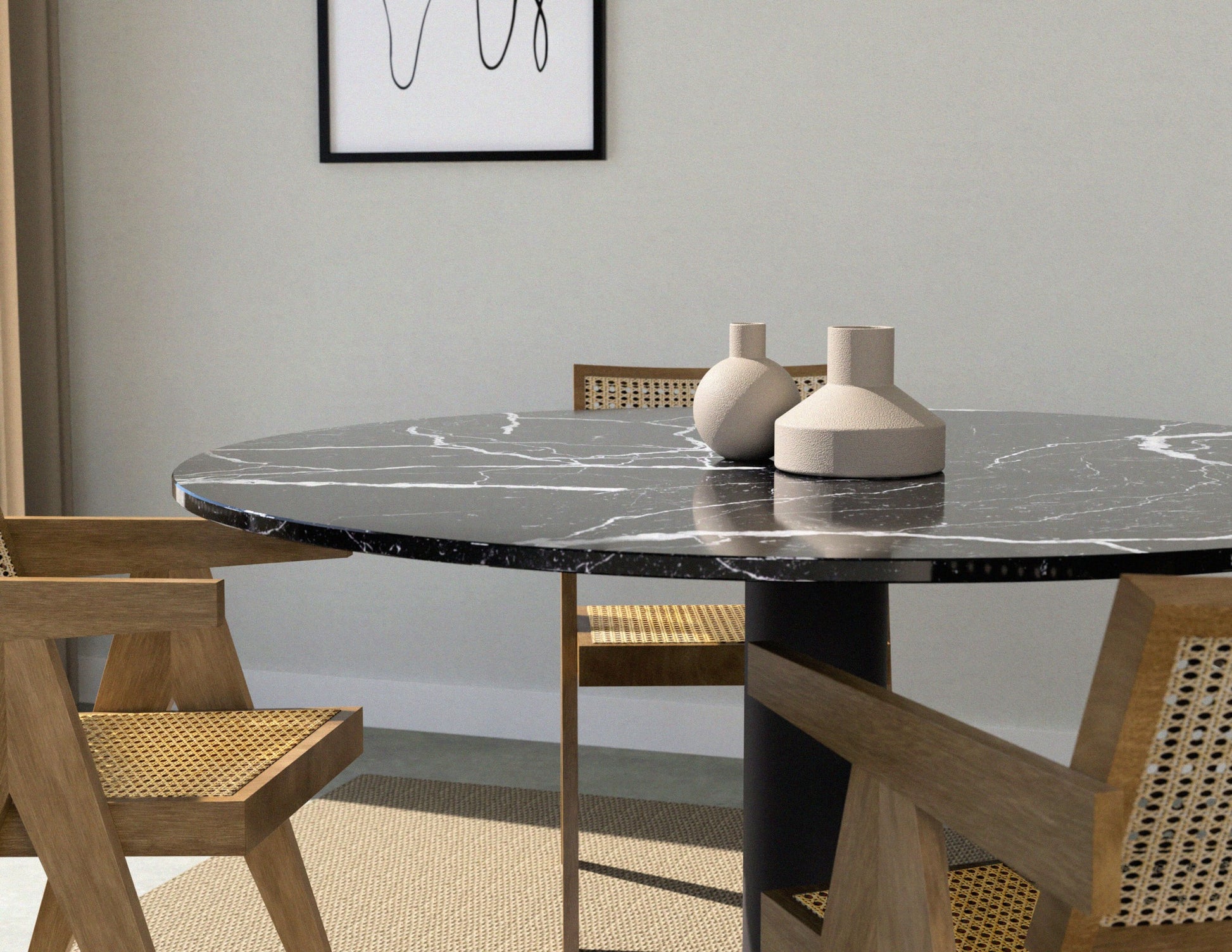 KIYO round dining table – Nero Marquina black marble (grey-brown center-leg)