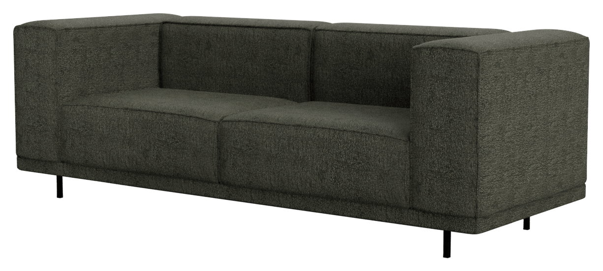 Aime Té VICO two-seater sofa in Capucine Forest Green with plush fabric and modern design, shown in a living room setting.