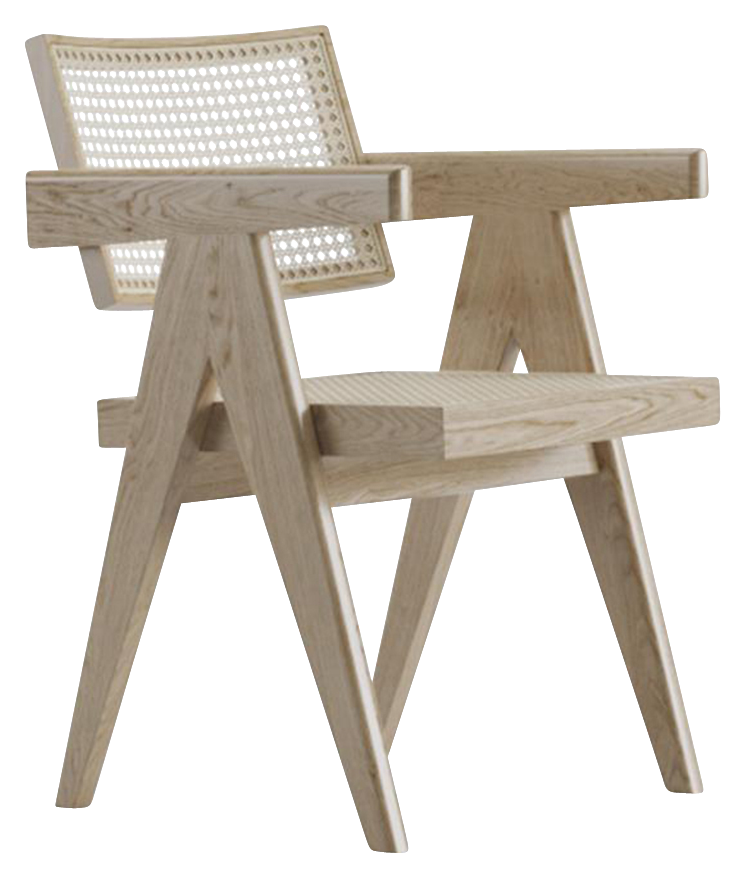 Natural rattan dining chair named Pierre by Aime Té featuring a woven rattan seat and backrest in a stylish, modern design.