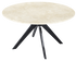 A round marble dining table by Aime Té with glossy Crema Marfil beige marble top and arch-style metal legs.