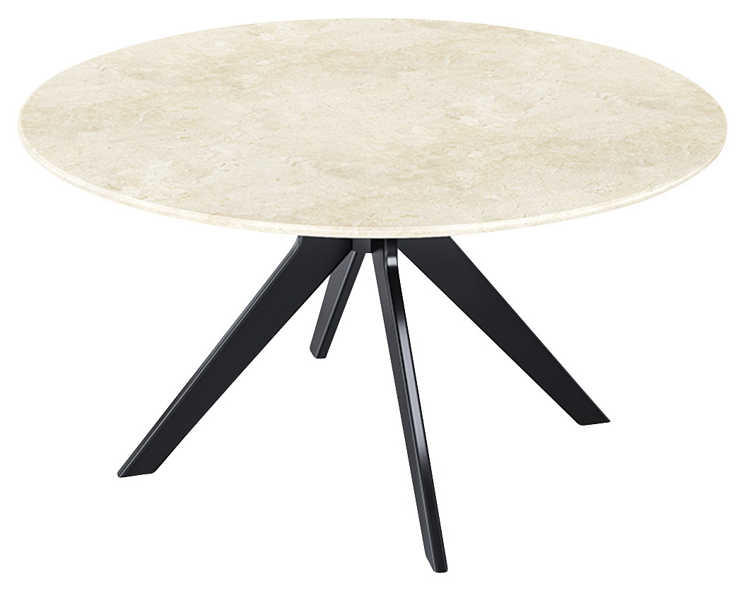 A round marble dining table by Aime Té with glossy Crema Marfil beige marble top and arch-style metal legs.