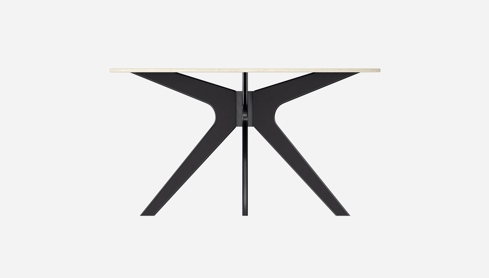 Glossy round marble dining table by Aime Té with Crema Marfil beige marble top and arch-style base.