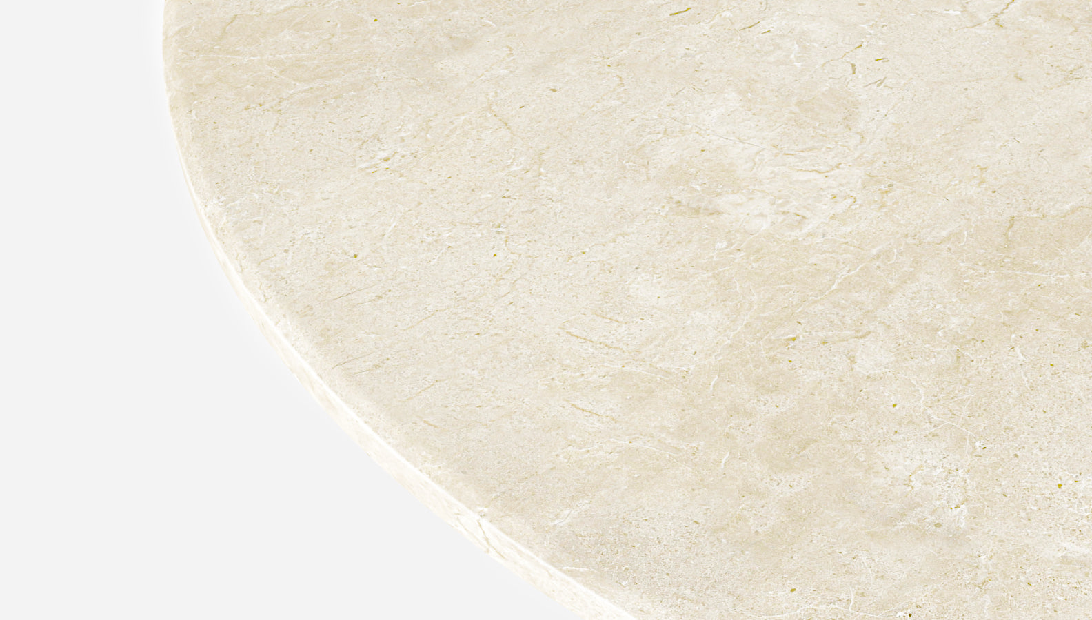 Round Crema Marfil beige marble dining table by Aime Té with an arch metal frame, glossy finish for elegant dining spaces.