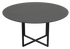 A round oak dining table with a charcoal finish and cross metal frame, designed for modern dining spaces by Aime Té.