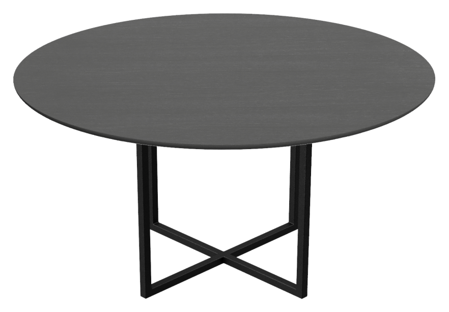 A round oak dining table with a charcoal finish and cross metal frame, designed for modern dining spaces by Aime Té.