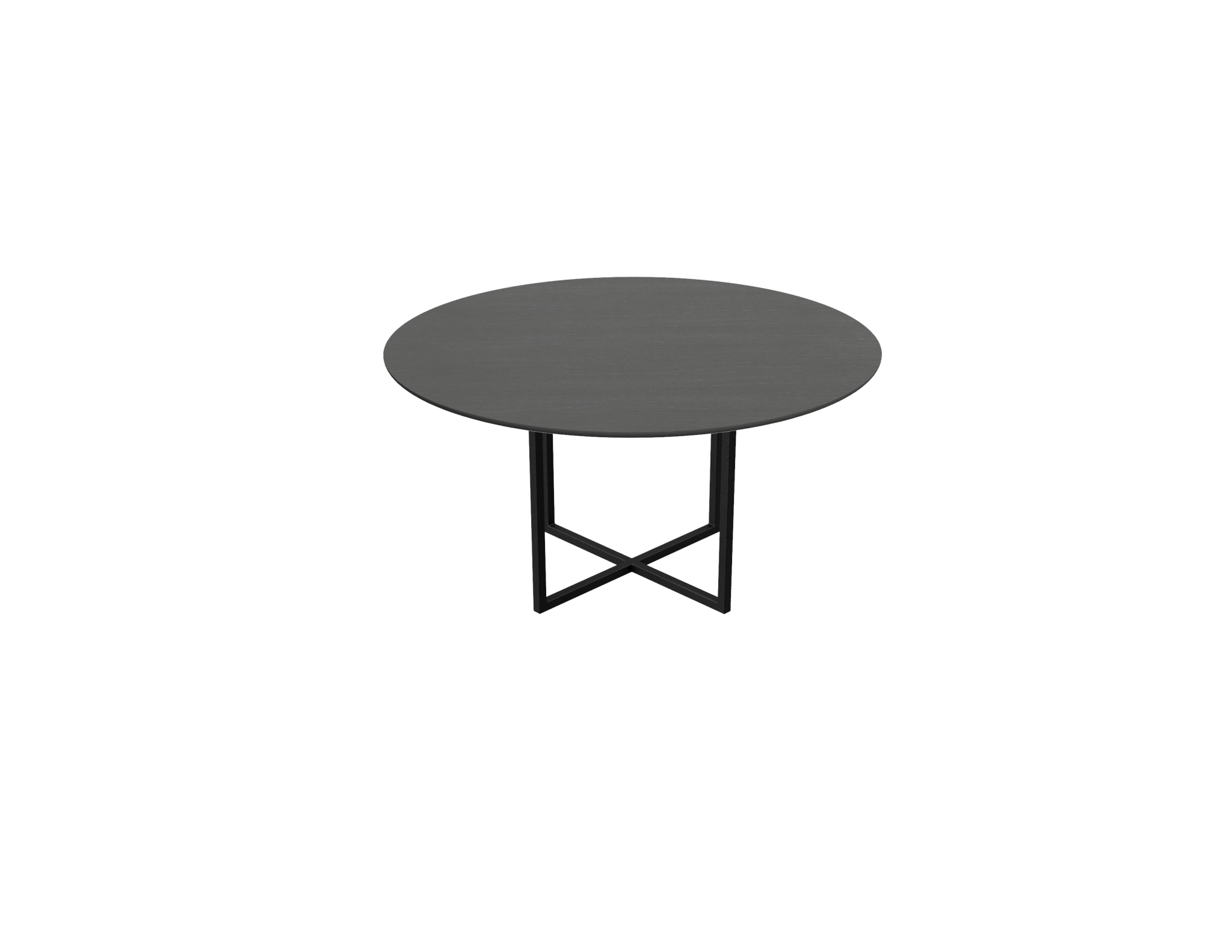 Aime Té charcoal round oak dining table with a cross frame, showcasing its smooth surface and sturdy wooden construction.