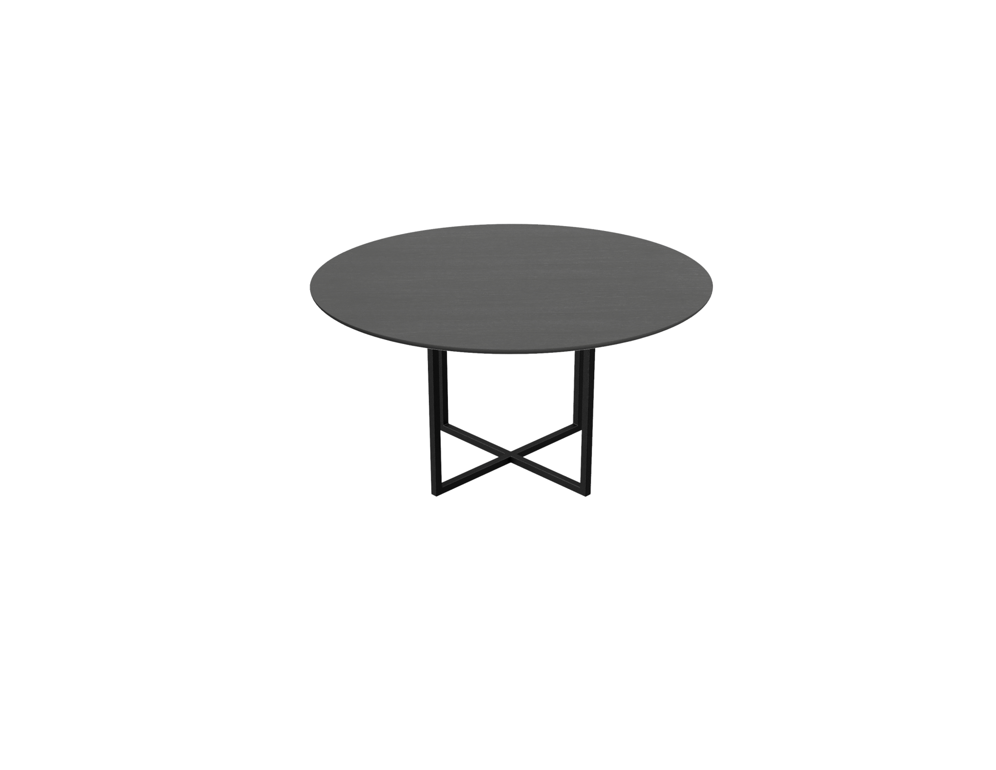 Aime Té charcoal round oak dining table with a cross frame, showcasing its smooth surface and sturdy wooden construction.