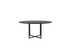 A round oak dining table with a charcoal finish and cross metal frame, designed for modern dining spaces by Aime Té.