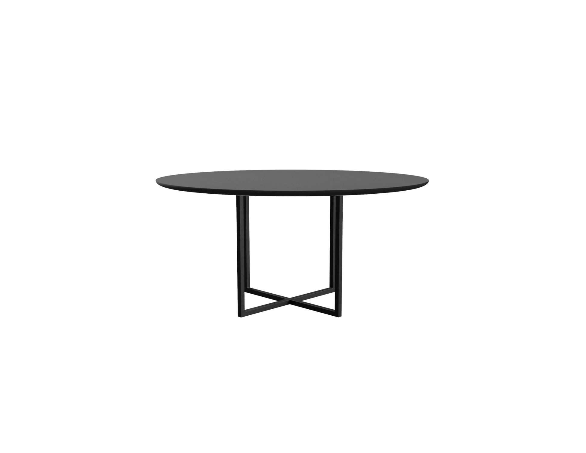A round oak dining table with a charcoal finish and cross metal frame, designed for modern dining spaces by Aime Té.