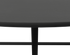A round oak dining table with a charcoal finish and a cross metal frame by Aime Té, showcasing its smooth wooden surface and sturdy design.