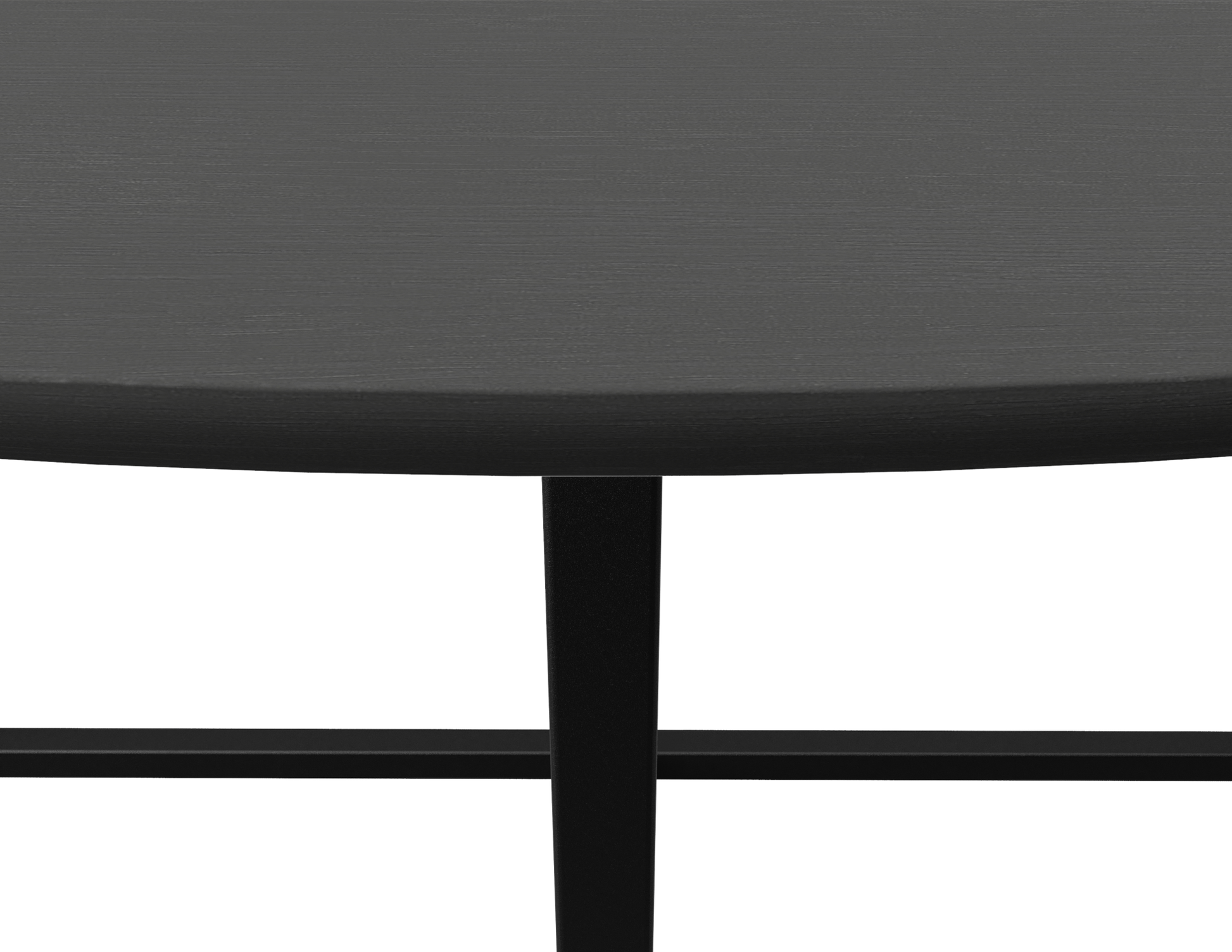 A round oak dining table with a charcoal finish and a cross metal frame by Aime Té, showcasing its smooth wooden surface and sturdy design.