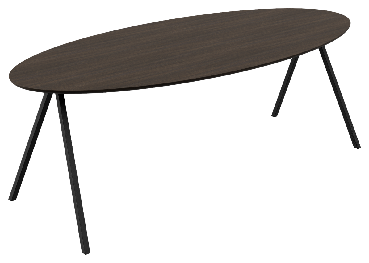 Oval oak dining table with smoked finish and V-frame design by Aime Té, showcasing its smooth surface and elegant shape.