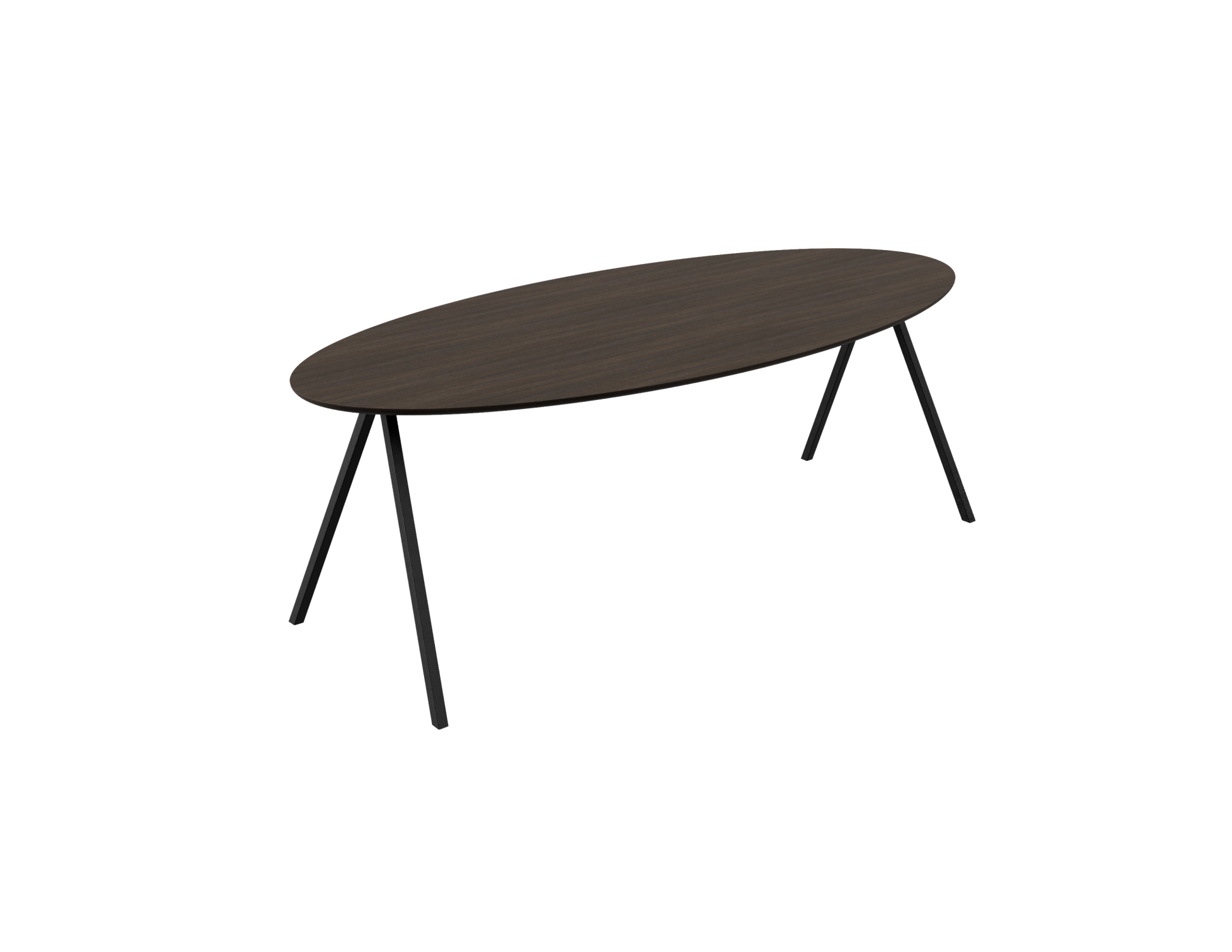 Oval smoked oak dining table with V-frame design by Aime Té, showcasing the smooth V-shaped wooden legs and oval tabletop.