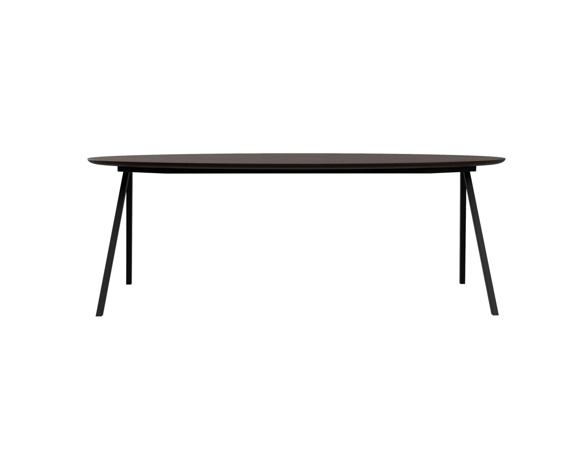 Oval oak dining table by Aime Té with smoked finish and V-frame design, showcasing a sleek, modern wood table for dining rooms.