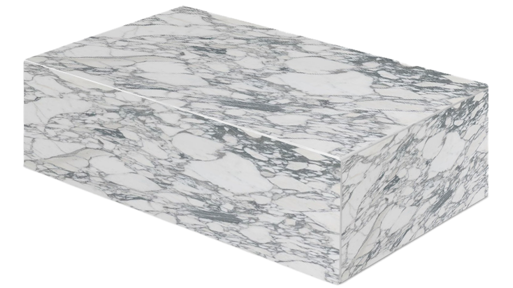 Glossy Arabescato marble block coffee table measuring 100x60x27 cm, featuring a sleek, modern design and natural marble veining.