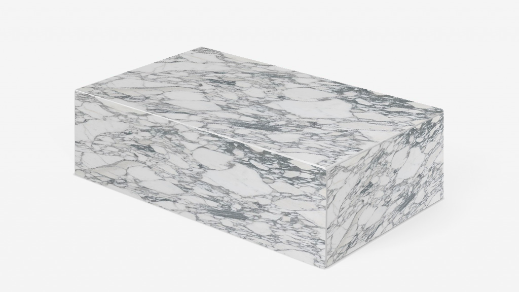 Glossy Arabescato marble block coffee table, 100x60x27 cm, showcasing a modern, elegant design with natural marble veining.