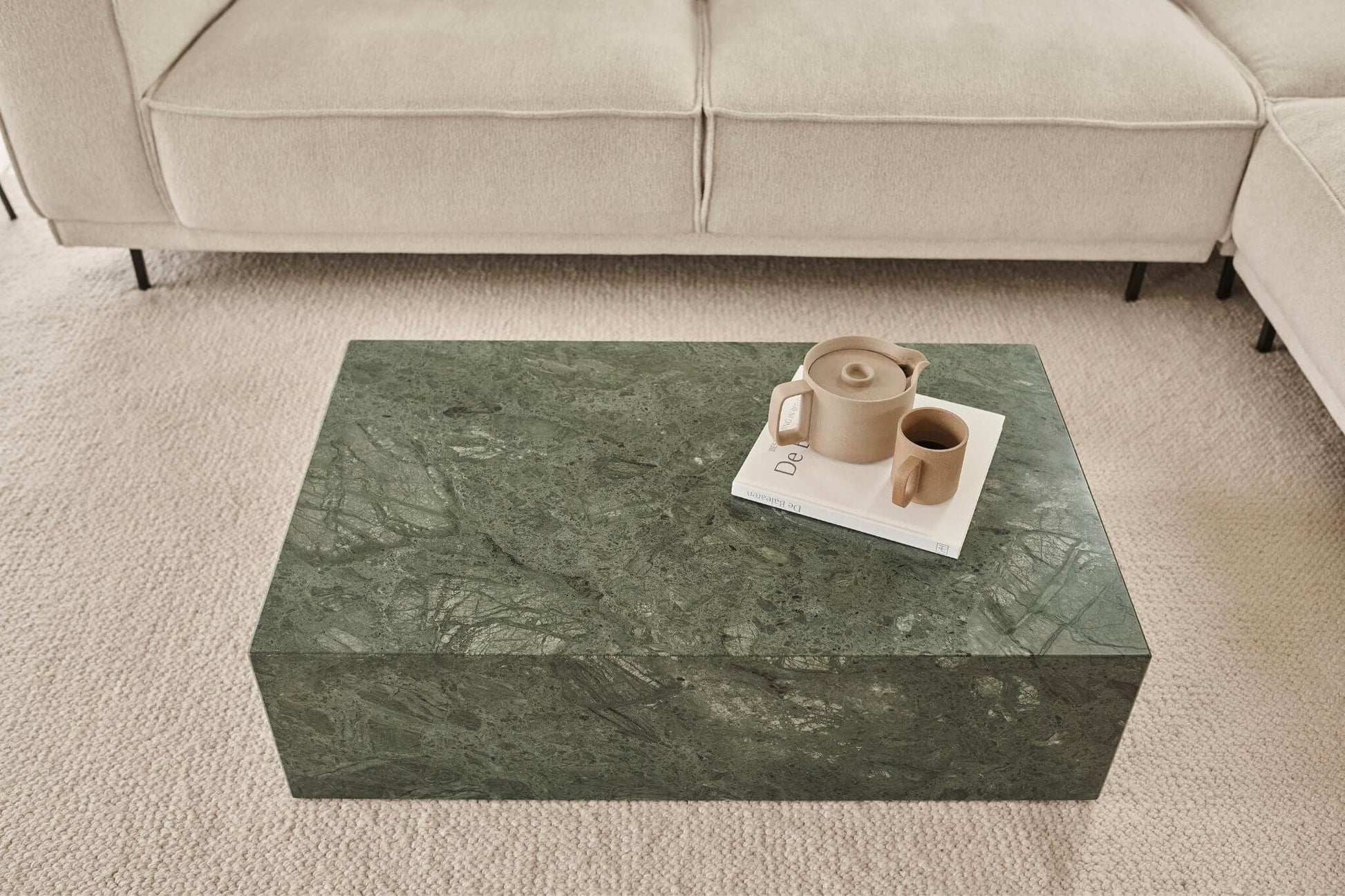 Glossy Arabescato marble block coffee table, 100x60x27 cm, showcasing elegant veined white marble design.