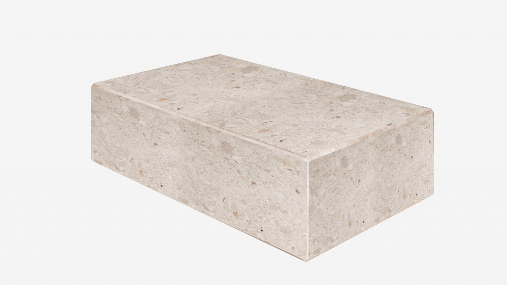 Glossy marble block coffee table in Crema Altea by My Store, showcasing a rectangular design with a smooth surface and modern style.