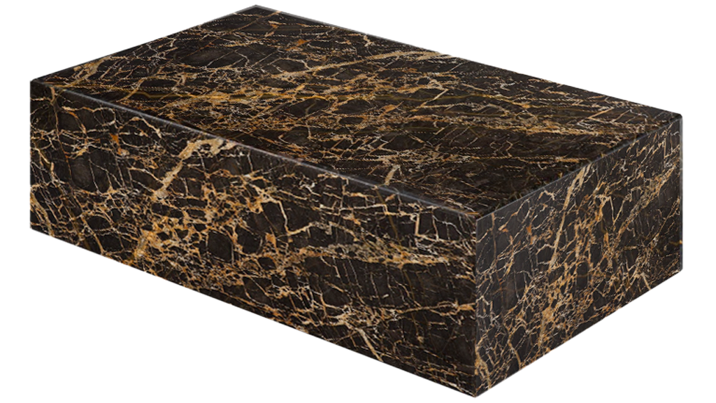 Glossy Portoro marble block coffee table, 100x60x27 cm, modern design with sleek marble surface for stylish living rooms.