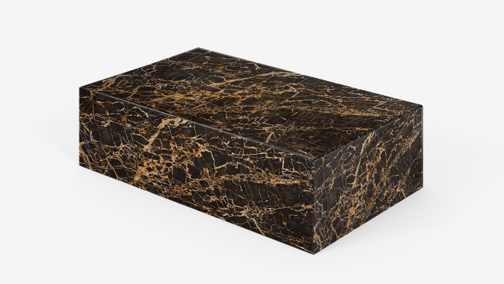 Glossy Portoro marble block coffee table with rectangular shape and sleek design, measuring 100x60x27 cm.