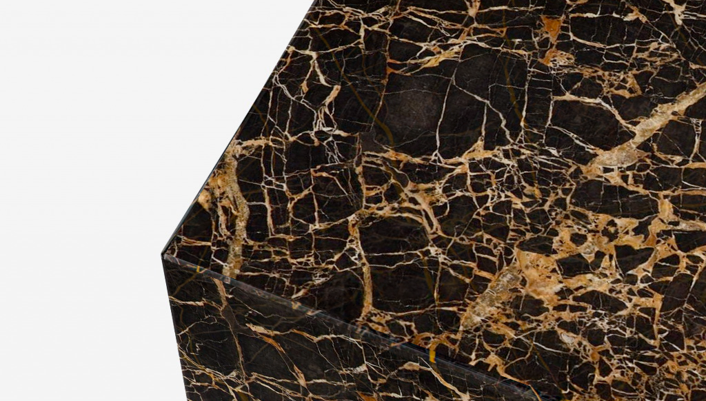 Glossy Portoro marble block coffee table measuring 100x60x27 cm, modern design with natural marble veining.