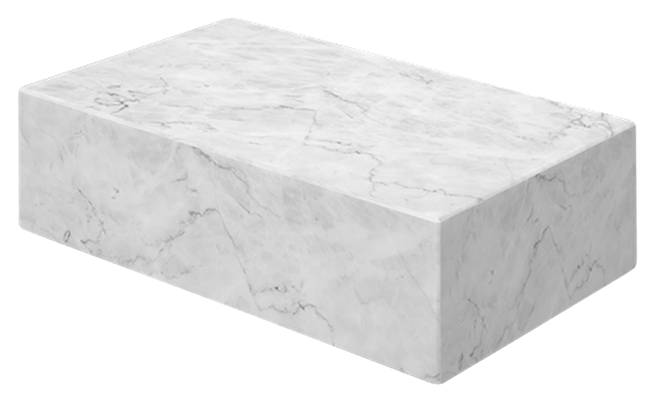 Marble block coffee table in Bianco Carrara white with matte finish, showcasing a sturdy rectangular design.