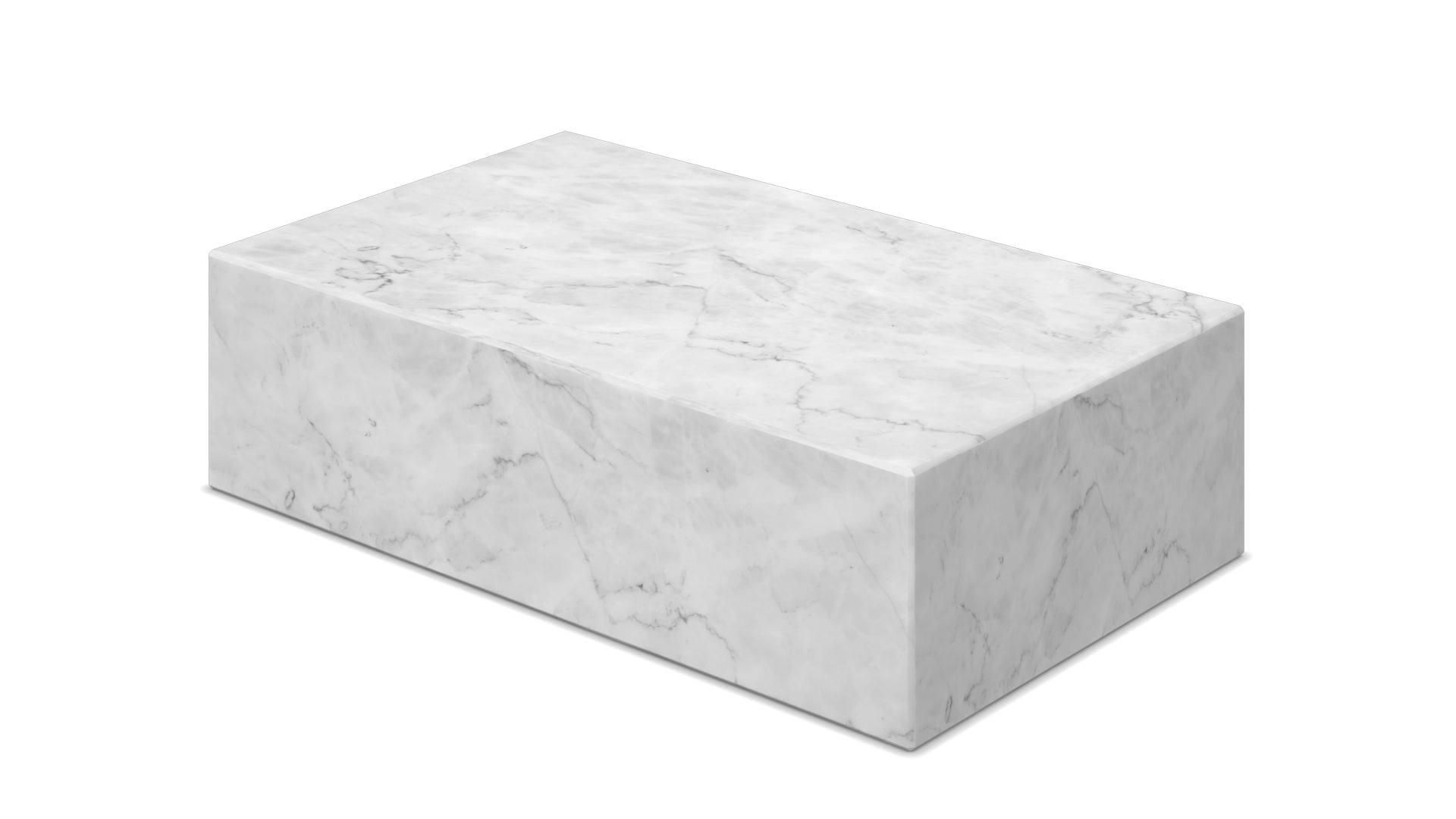 White marble block coffee table with matte finish, made from Bianco Carrara marble, rectangular shape, modern design.