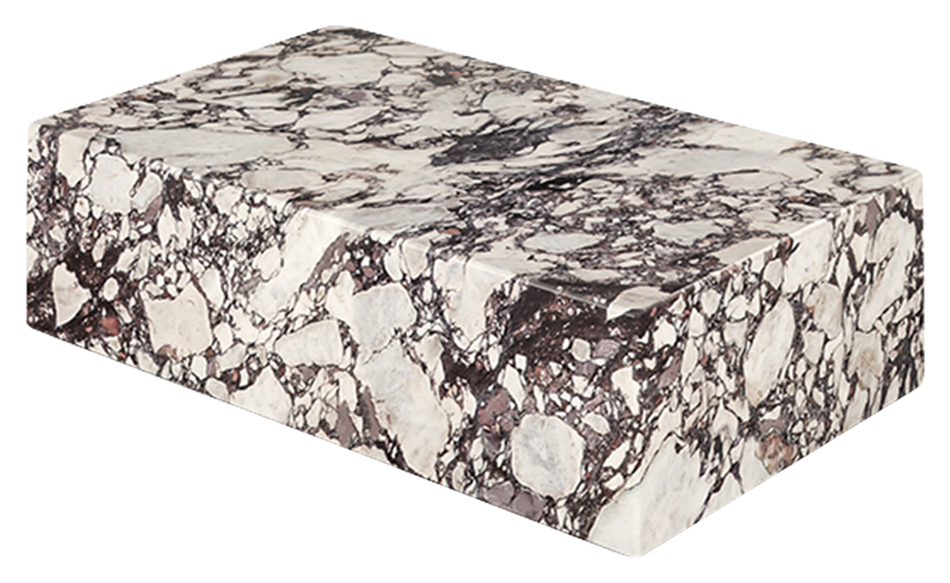 Marble block coffee table in Calacatta Viola with matte finish, showcasing a large rectangular marble design.