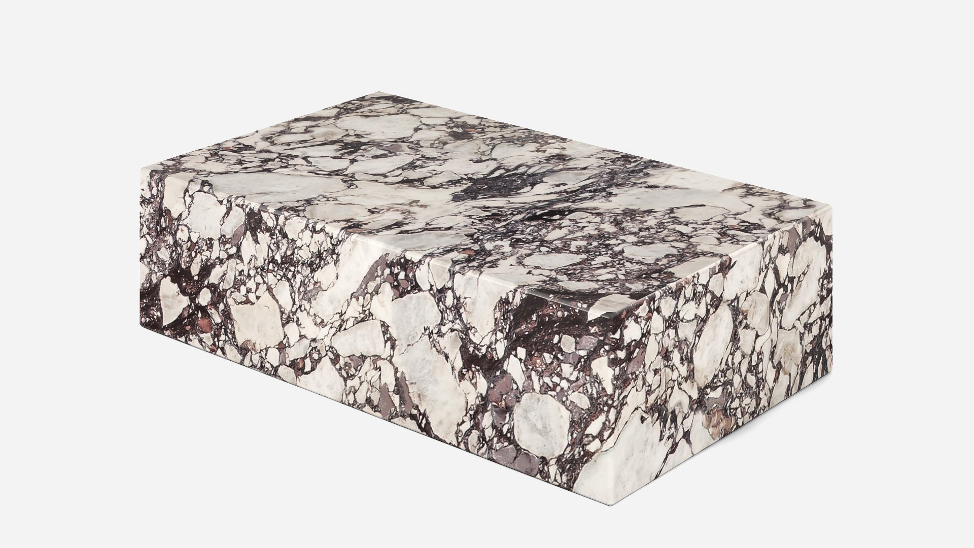 Matte Calacatta Viola marble block coffee table with sleek rectangular design and natural veining, measuring 100x60x27 cm.