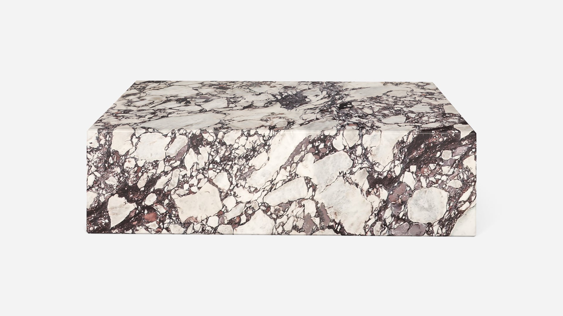 Matte Calacatta Viola marble block coffee table, rectangular shape, 100x60x27 cm, with natural veining and polished finish.