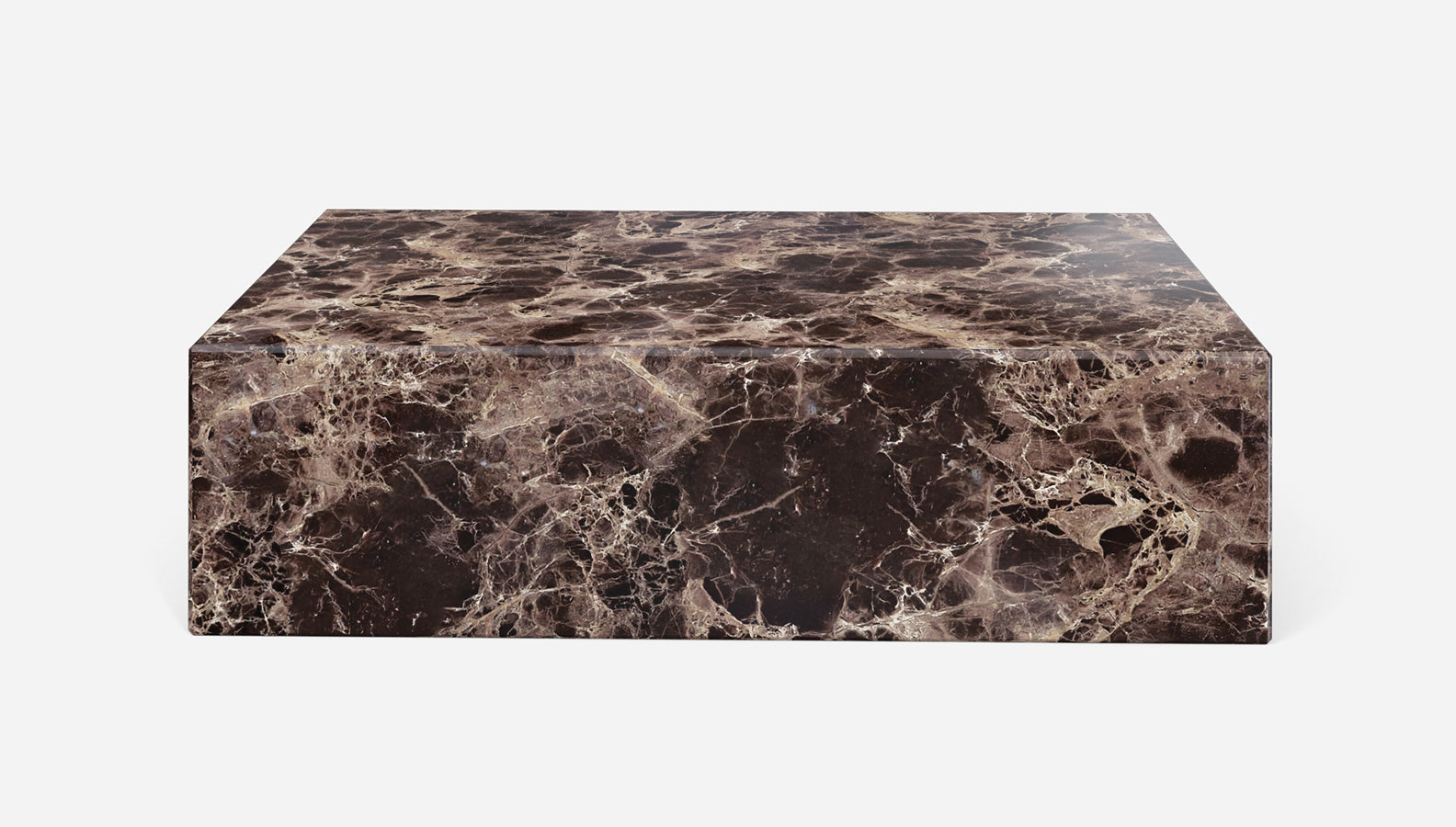 Dark Emperador brown marble block coffee table with matte finish, rectangular shape, dimensions 100x60x27 cm.