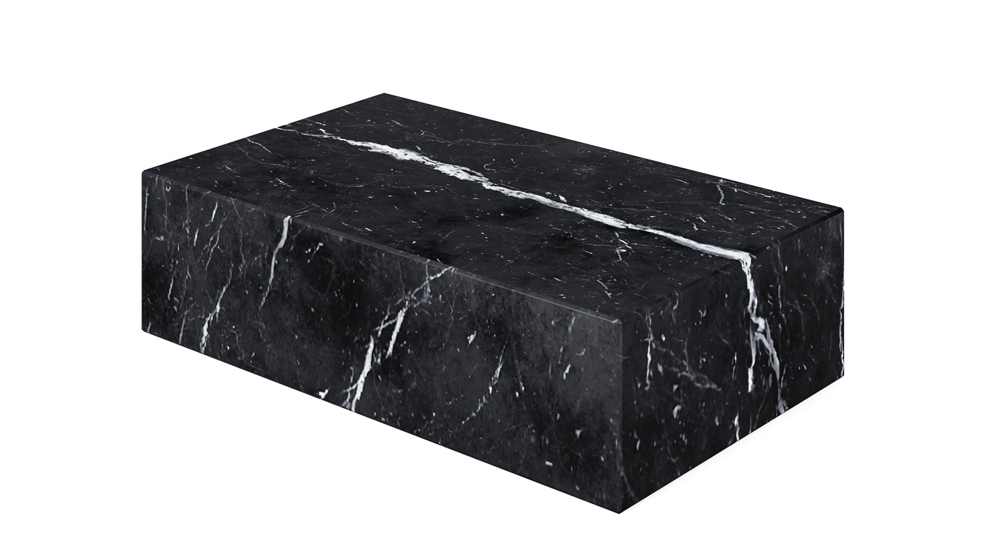 Marble block coffee table in Nero Marquina black with matte finish, featuring a modern rectangular design.
