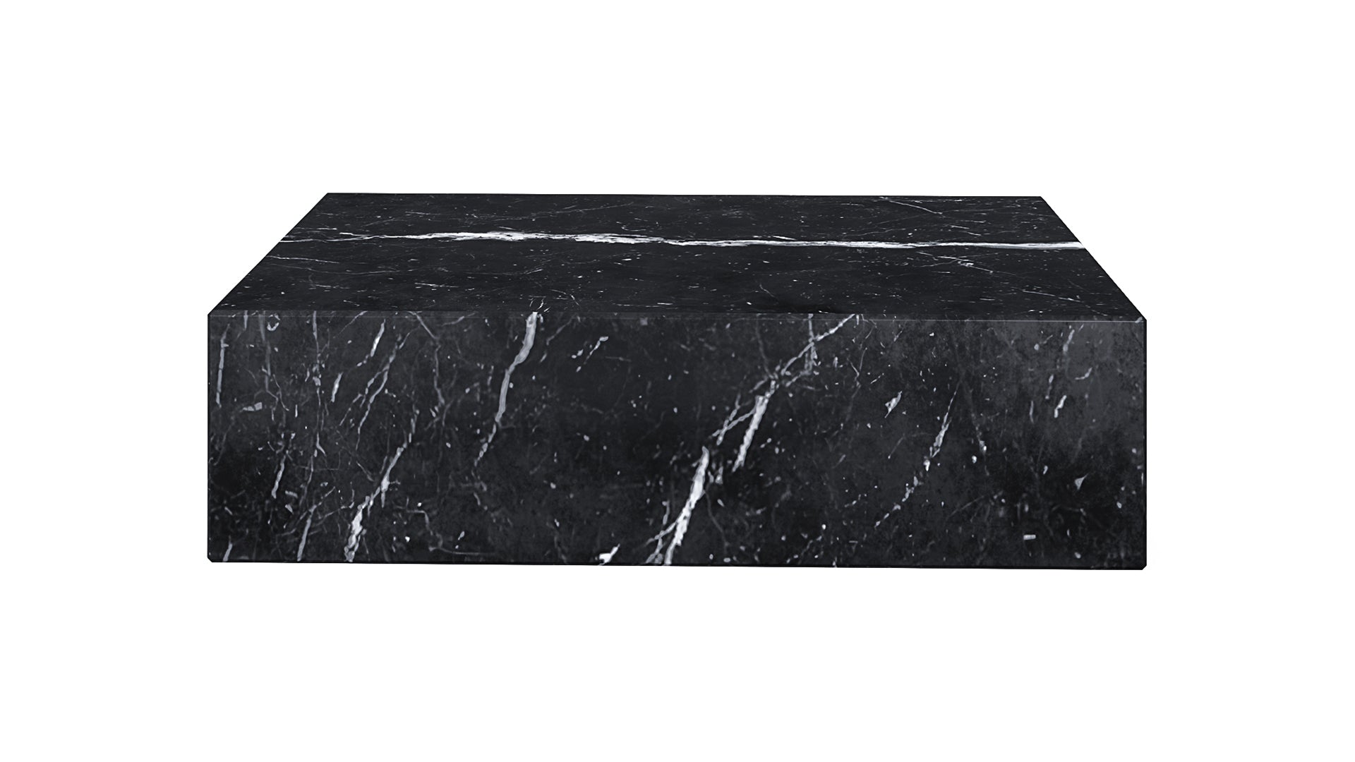 Marble block coffee table in Nero Marquina black with matte finish, showcasing a sleek, modern design and smooth surface.